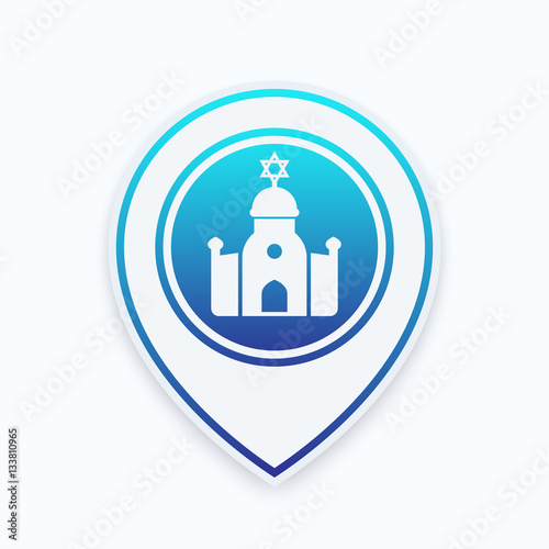 synagogue icon on map pointer, jewish house of worship