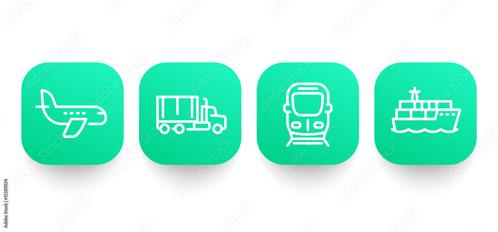 transportation industry line icons, airplane, cargo ship, truck, train transportation industry line icons, airplane, cargo ship, truck, train