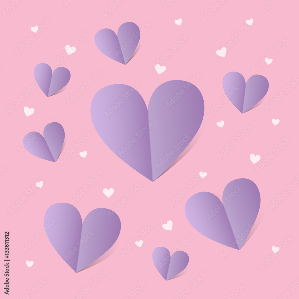 Card for st. Valentine day with lilac hearts over pink background.