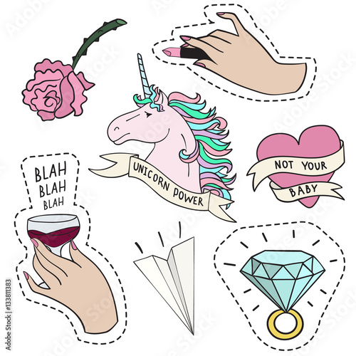 Set of stickers in love emotions, heart, flower, hands, ring and unicorn over white background. photo