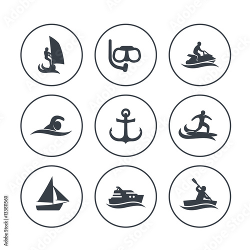 water sports icons in circles over white, surfing, sailing, diving, swimming