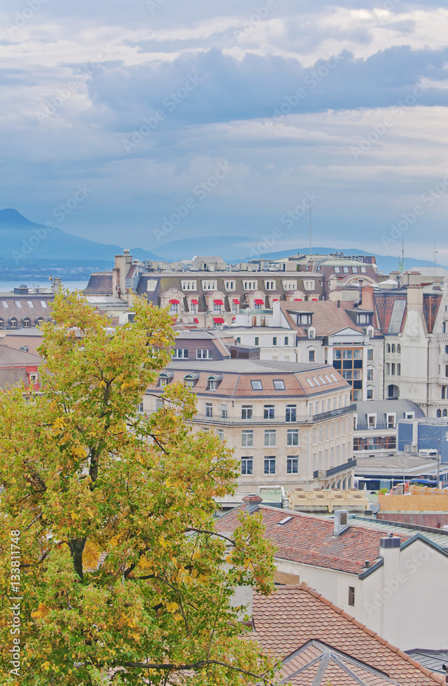 Skyline of Lausanne, Switzerland as seen from the Cathedral hill