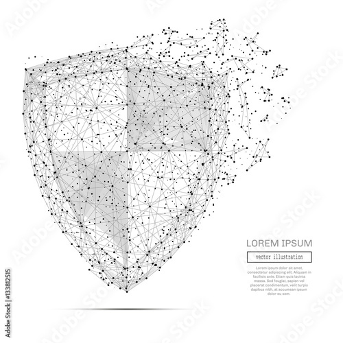 Grey shield with polygon line on abstract background. Polygonal space low poly guard with connecting dots and lines. Connection structure. Vector science background.