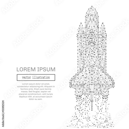 Grey space shuttle with polygon line on abstract background. Polygonal space low poly with connecting dots and lines. Connection structure. Vector cosmos science background.