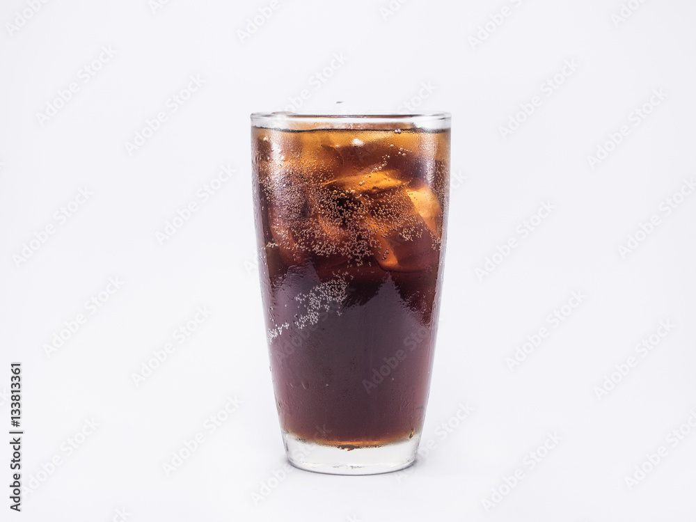 soft drink is cool with ice cubes in full glass on whtie backgro soft drink is cool with ice cubes in full glass on whtie backgro