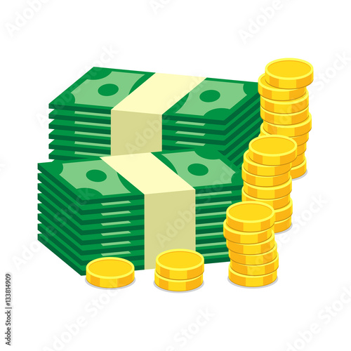 Stacks of gold coins and dollar cash. Vector illustration in flat design on white background