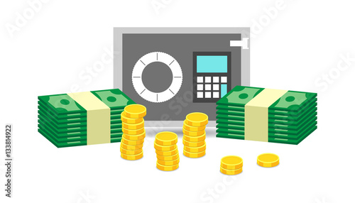 Closed small safe box and stacks of gold coins and stacks of dollar cash. Vector illustration in flat design on white background