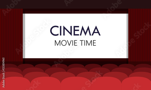 Cinema auditorium with screen and red seats. Vector.