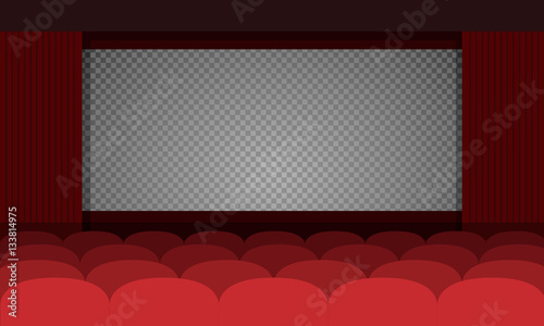 Cinema auditorium with screen and red seats. Vector.