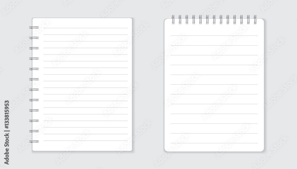 Realistic template notepad with spiral. Blank cover design. School business diary. Office stationery notebook on white background Realistic template notepad with spiral. Blank cover design. School business diary. Office stationery notebook on white background