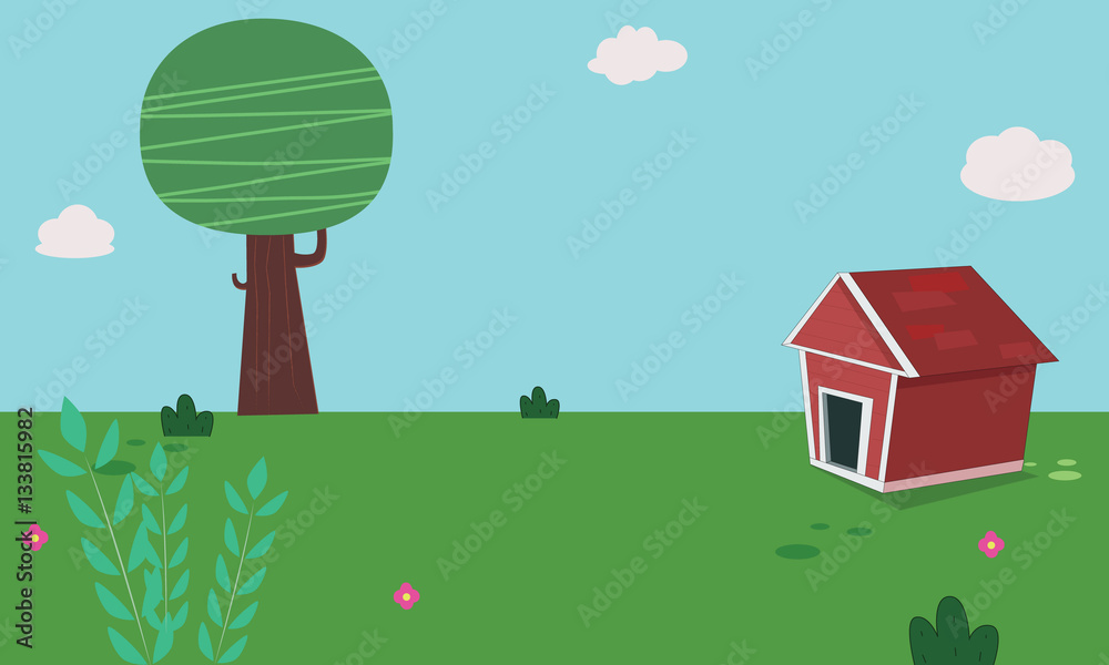 Naklejka premium Dog home in garden with sky