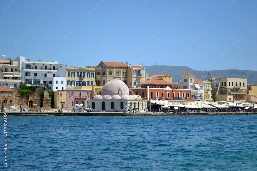 Stunning views of the waterfront street of Chania, Crete. Mosque Of The Janissaries
