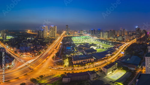 Aerial view of Hanoi skyline cityscape at night. Le Van Luong - Khuat Duy Tien intersection , Cau Giay district
