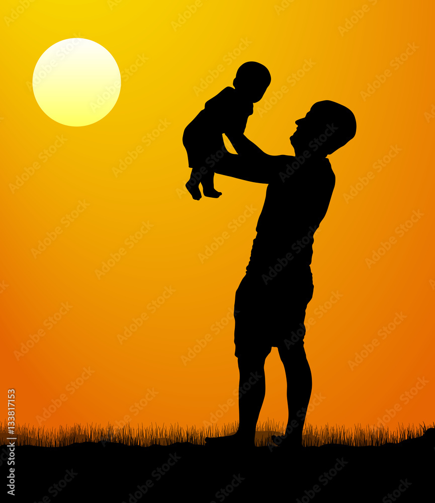 Father with son walk at sunset. Silhouette of a man with a child. vector illustration