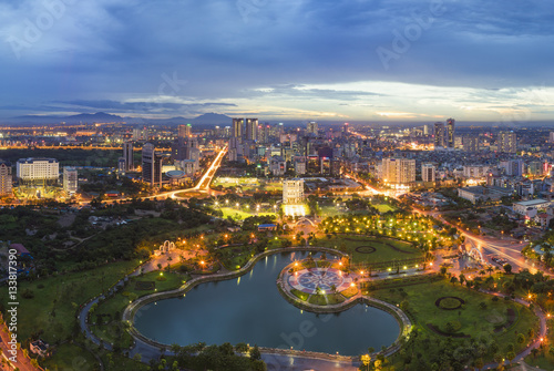 Hanoi skyline cityscape at twilight period. Cau Giay park  west of Hanoi