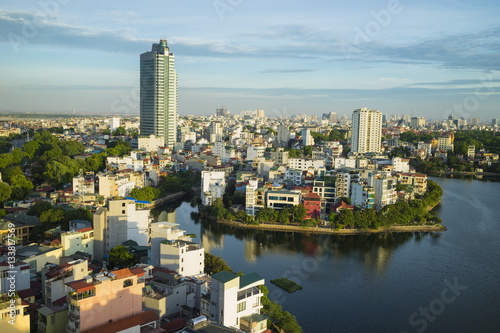 Hanoi skyline cityscape at sunset period. West Lake aerial view