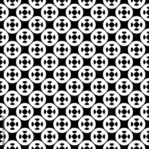 Vector seamless pattern with simple geometric figures, perforated circles. Black & white illustration. Endless abstract background, repeat tiles. Modern monochrome texture. Design for prints, decor