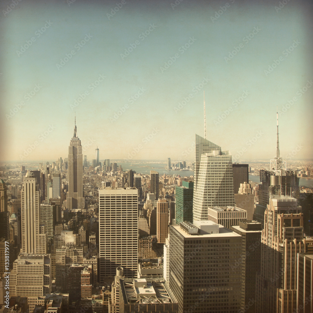 New York City Manhattan skyline. Grunge and retro style.