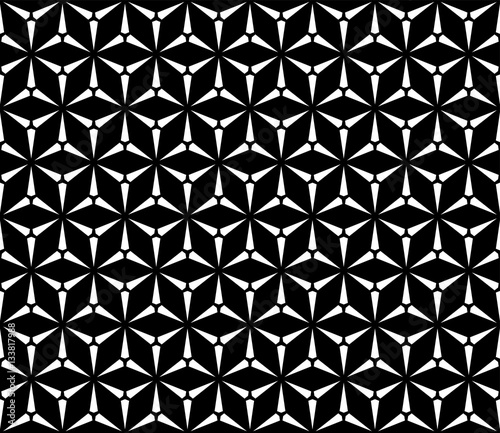 Vector seamless pattern, simple dark geometric triangular texture. Illustration of windmills, fans. Abstract black & white endless background, repeat tiles. Design element for prints, decor, textile