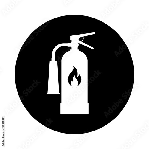 Fire extinguisher circle icon. Black, round, minimalist icon isolated on white background. Extinguisher simple silhouette. Web site page and mobile app design vector element.