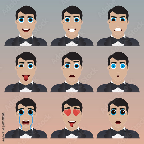Set of cute bridegroom emoticons.
