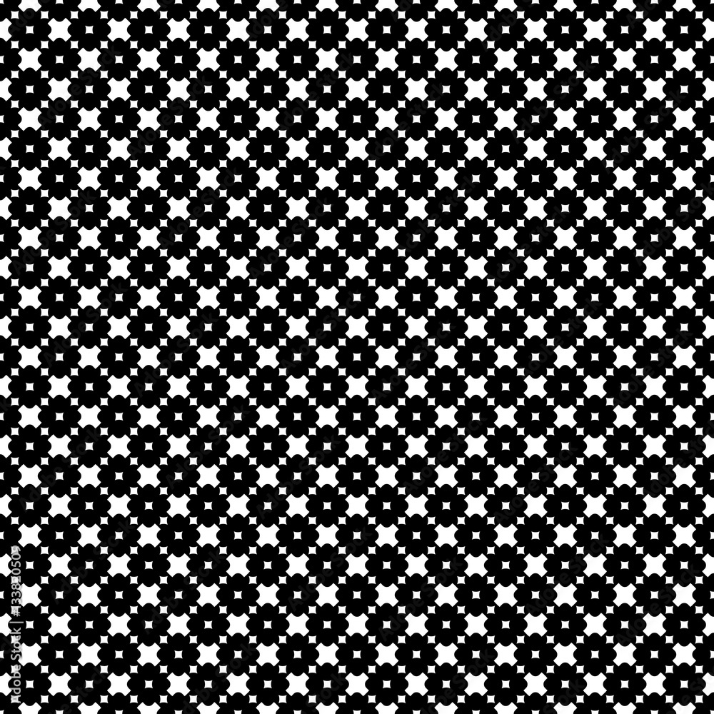 Vector monochrome seamless pattern. Stylish modern geometric texture. Simple black & white rounded figures, crosses & squares. Abstract dark minimalist background. Design element for prints, decor