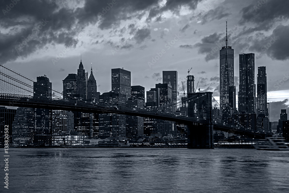 Panorama new york city at night in blue tonality
