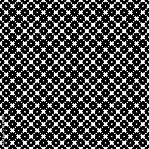 Vector monochrome seamless pattern. Stylish modern geometric texture. Simple black & white rounded figures, crosses & squares. Abstract dark minimalist background. Design element for prints, decor