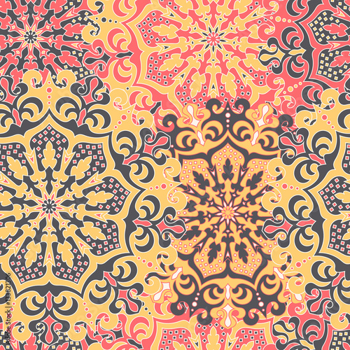 Seamless pattern with symmetrical mandalas. Ethnic texture in