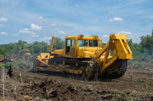 Destruction of forests with bulldozer. Seizure of forest land for agriculture.