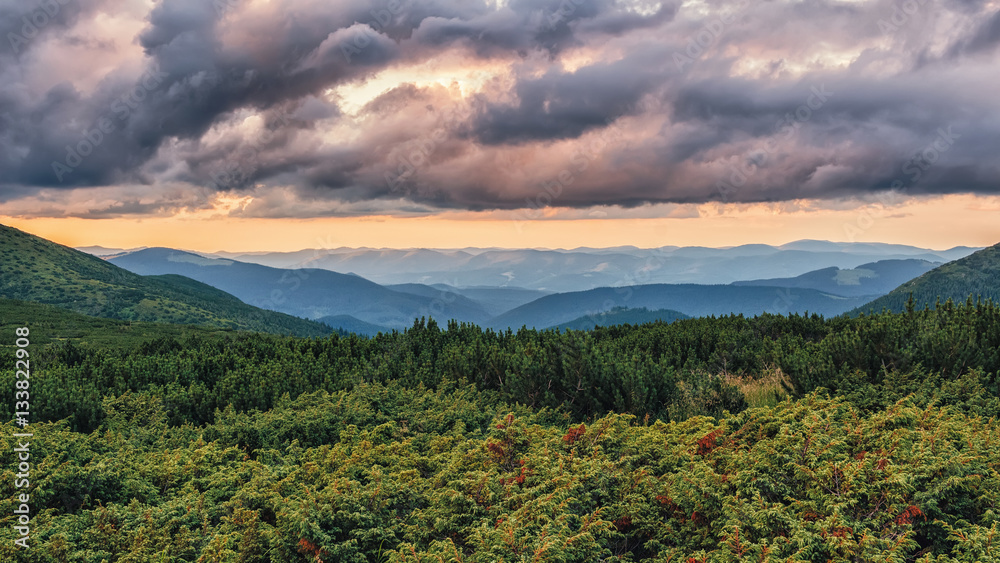 Picturesque and dramatic Carpathian mountains landscape, sunset evening time, panorama view, Ukraine.