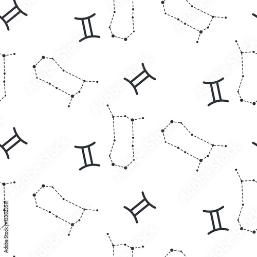 Gemini constellation seamless vector pattern. Zodiac symbol black and white background.