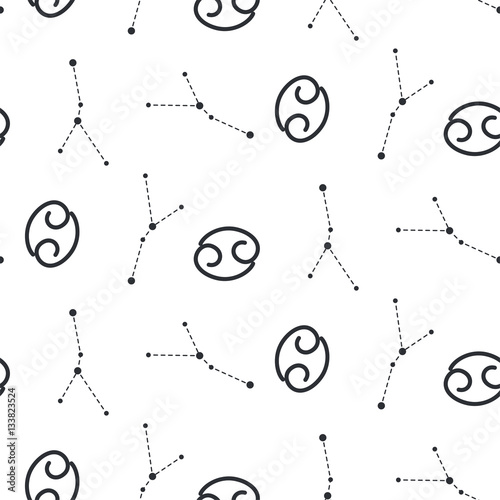 Cancer constellation seamless vector pattern. Zodiac symbol black and white background.