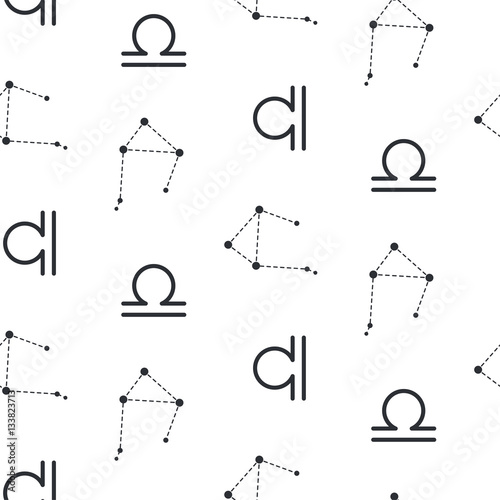Libra constellation seamless vector pattern. Zodiac symbol black and white background.