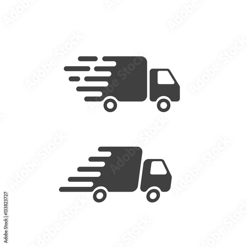 Delivery truck icon flat style symbol, fast shipping cargo van pictogram, flat black and white style, quick courier transportation isolated image