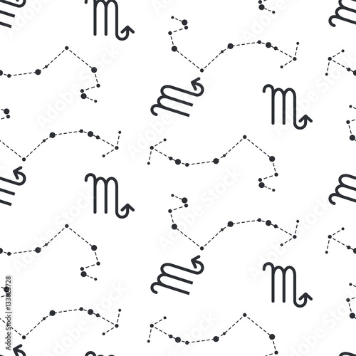 Scorpio constellation seamless vector pattern. Zodiac symbol black and white background.