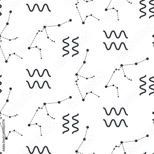 Aquarius constellation seamless vector pattern. Zodiac symbol black and white background.