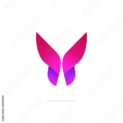 Purple butterfly logo template with shadow on wings. Abstract red butterfly gradient shape. Beautiful creative vector butterfly logotype  icon  brand or identity.