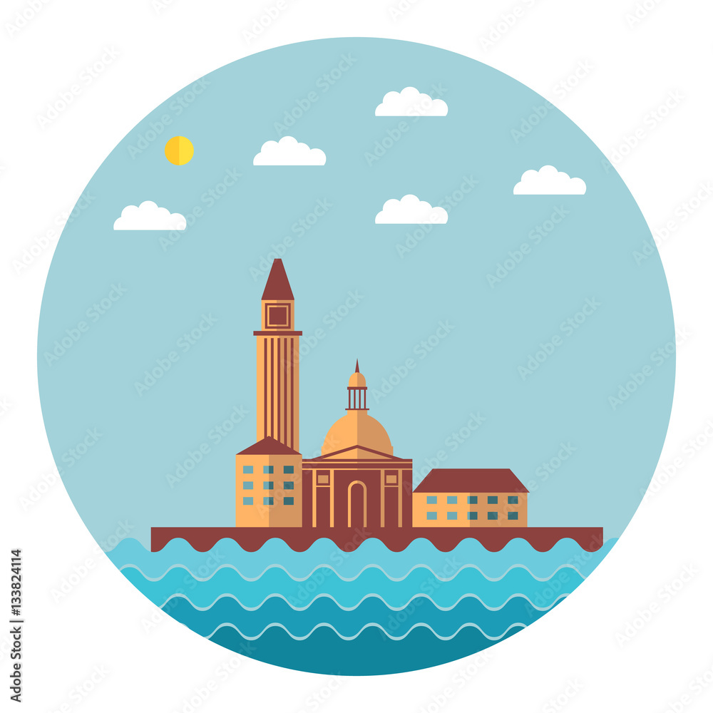 Naklejka premium Vector flat with the image of building on water.Flat landscape with the image of the houses standing at water