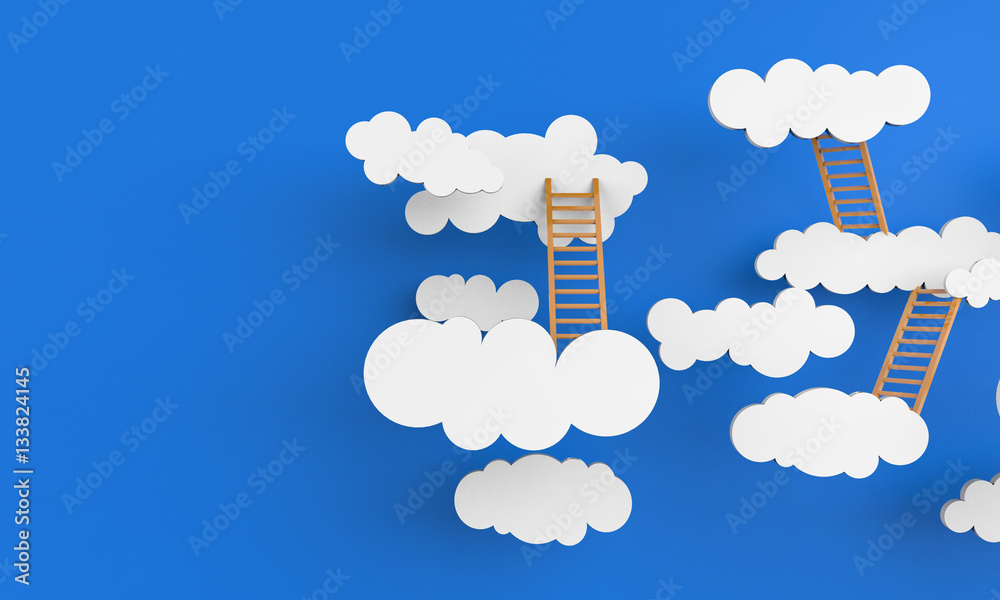 Paper clouds white on blue background and mockup orange stair Art Inspiration / art inspiration from heaven Paper clouds white on blue background and mockup orange stair Art Inspiration / art inspiration from heaven