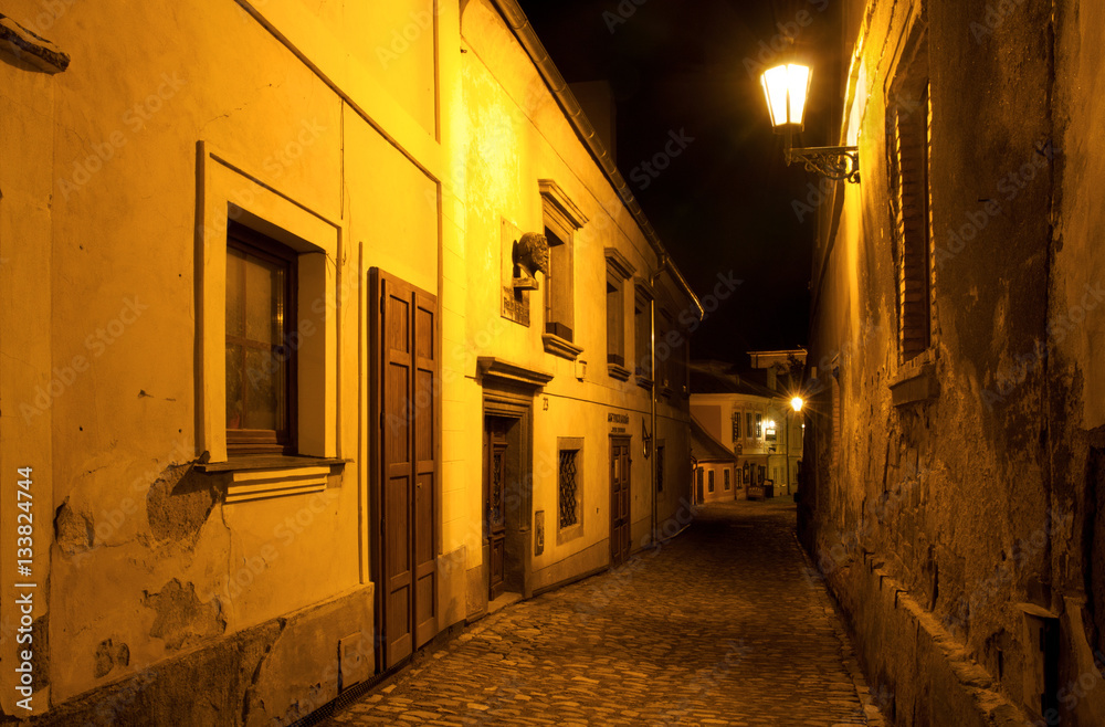 Empty street at night in the town, Kutna Hora, Czech Republic