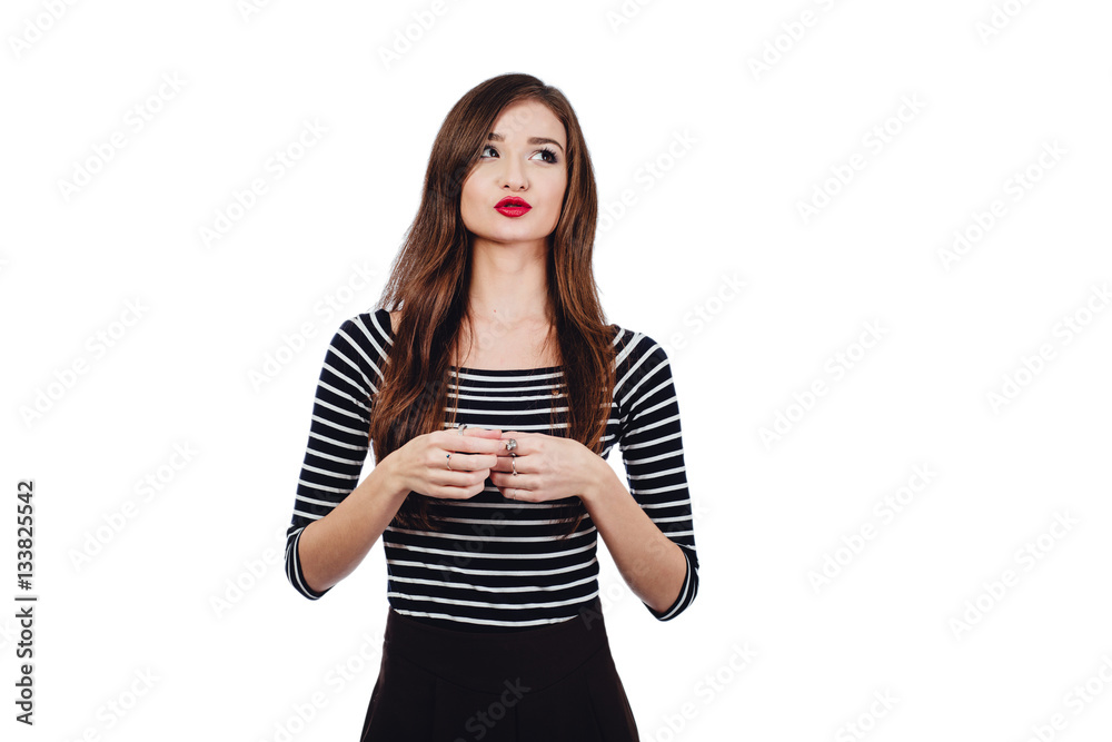 Emotional portrait Cute beautiful girl artist. . White background, isolated. Red lips, long hair brunette. Emotional portrait Cute beautiful girl artist. . White background, isolated. Red lips, long hair brunette.