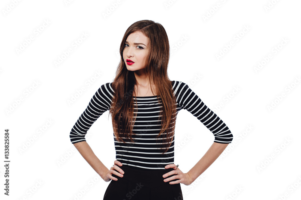 Emotional portrait Cute beautiful girl artist. . White background, isolated. Red lips, long hair brunette. Emotional portrait Cute beautiful girl artist. . White background, isolated. Red lips, long hair brunette.