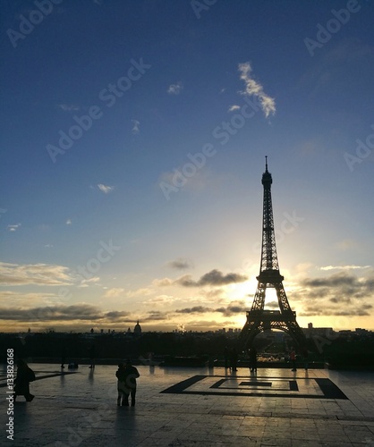 PARIS, FRANCE - JANUARY 13, 2017 : sunrise on Place du Trocadero with Eiffel tower on background