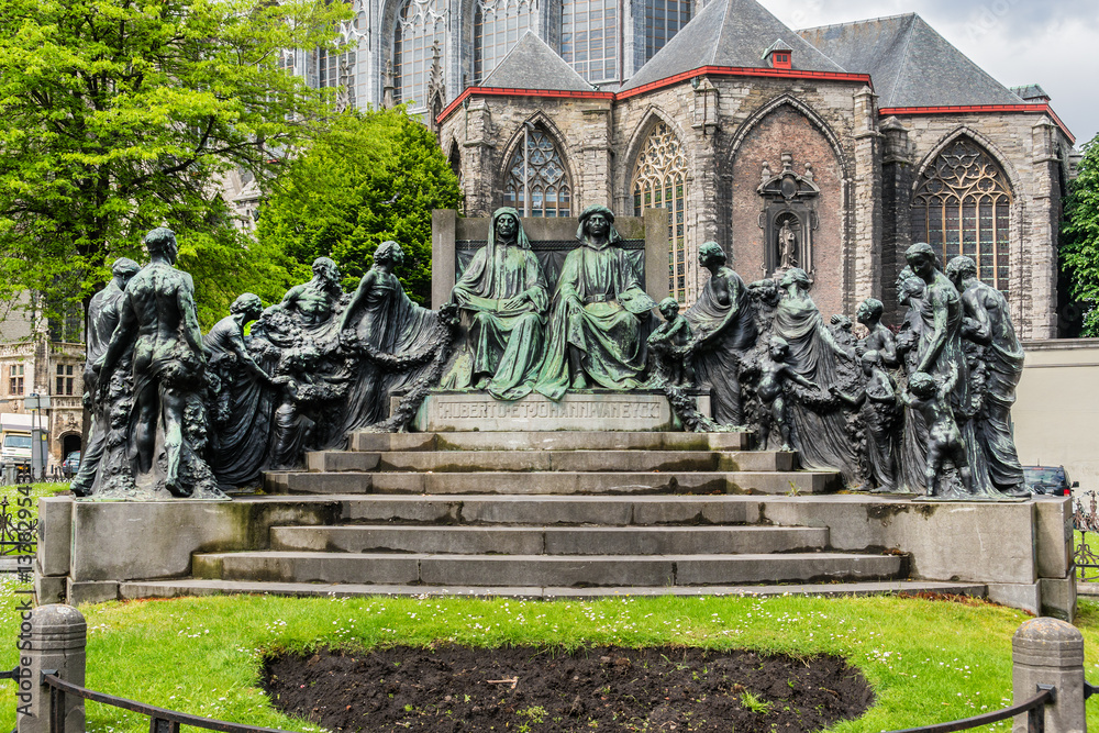 Bronze statue Van Eyck brothers Hubert and Jan. Ghent, Belgium. Stock Photo  | Adobe Stock