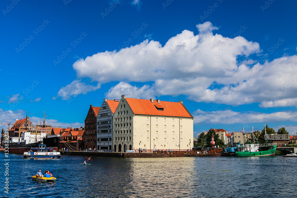  The city of Gdansk in Poland. River. Sea. Ship.