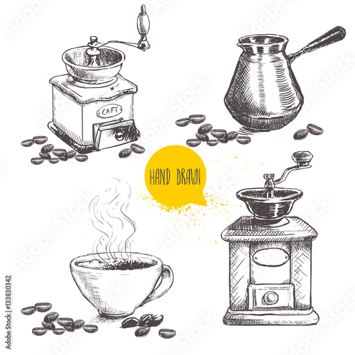 Hand drawn coffee set with coffee beans. Sketch style. Isolated on white background. Coffee mill, turkish coffee pot cezve and cup of coffee.