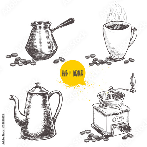 Hand drawn coffee set with coffee beans. Sketch style. Isolated on white background. Coffee mill, turkish coffee pot cezve, vintage coffee pot and mug of coffee.