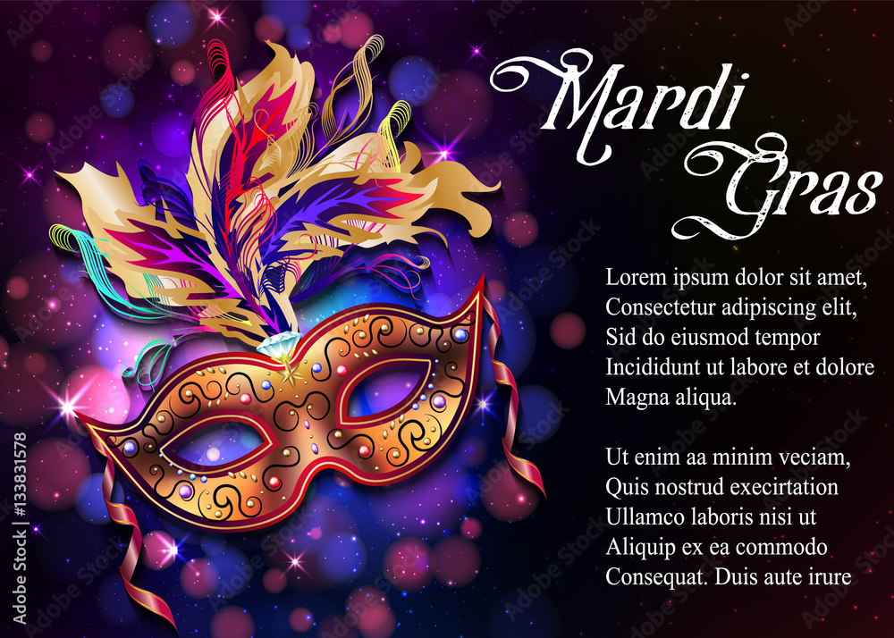 Mardi Gras mask, colorful poster, template, flyer with place for