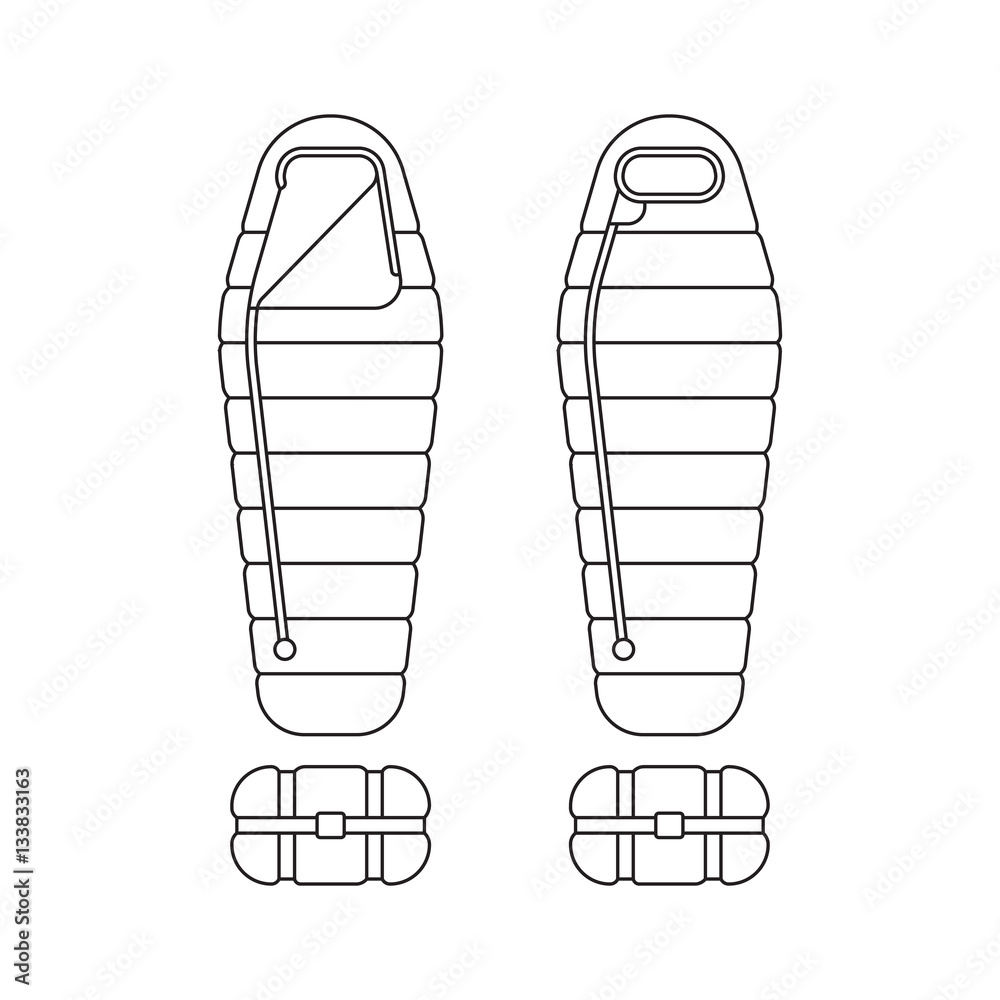 Sleeping bag spread out and ready to use. Packed in a roll and compressed by the bag. Vector illustration outline, isolated on white background. Sleeping bag spread out and ready to use. Packed in a roll and compressed by the bag. Vector illustration outline, isolated on white background.